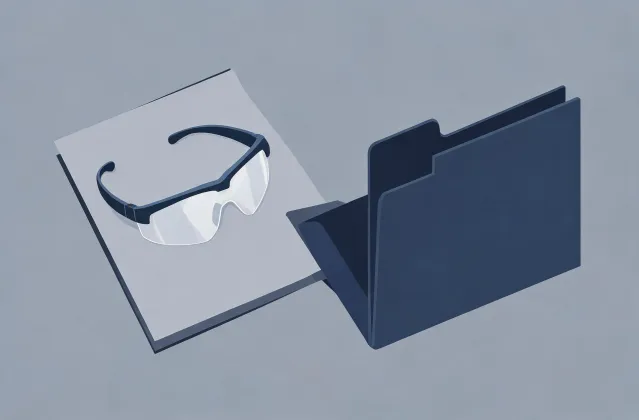 Illustration of an anti fog safety glasses specification brief handing off to a quotation folder