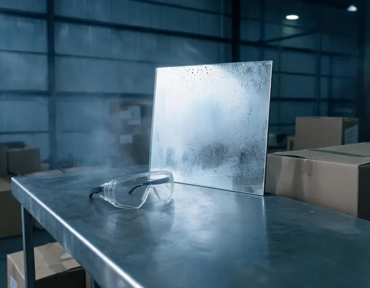 Unlabeled anti fog safety glasses on a cold-storage packing bench, application sketch only